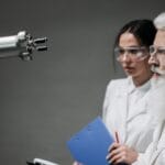 Dwóch naukowców w labie analizuje ramię robota w kontekście pracy zespołowej